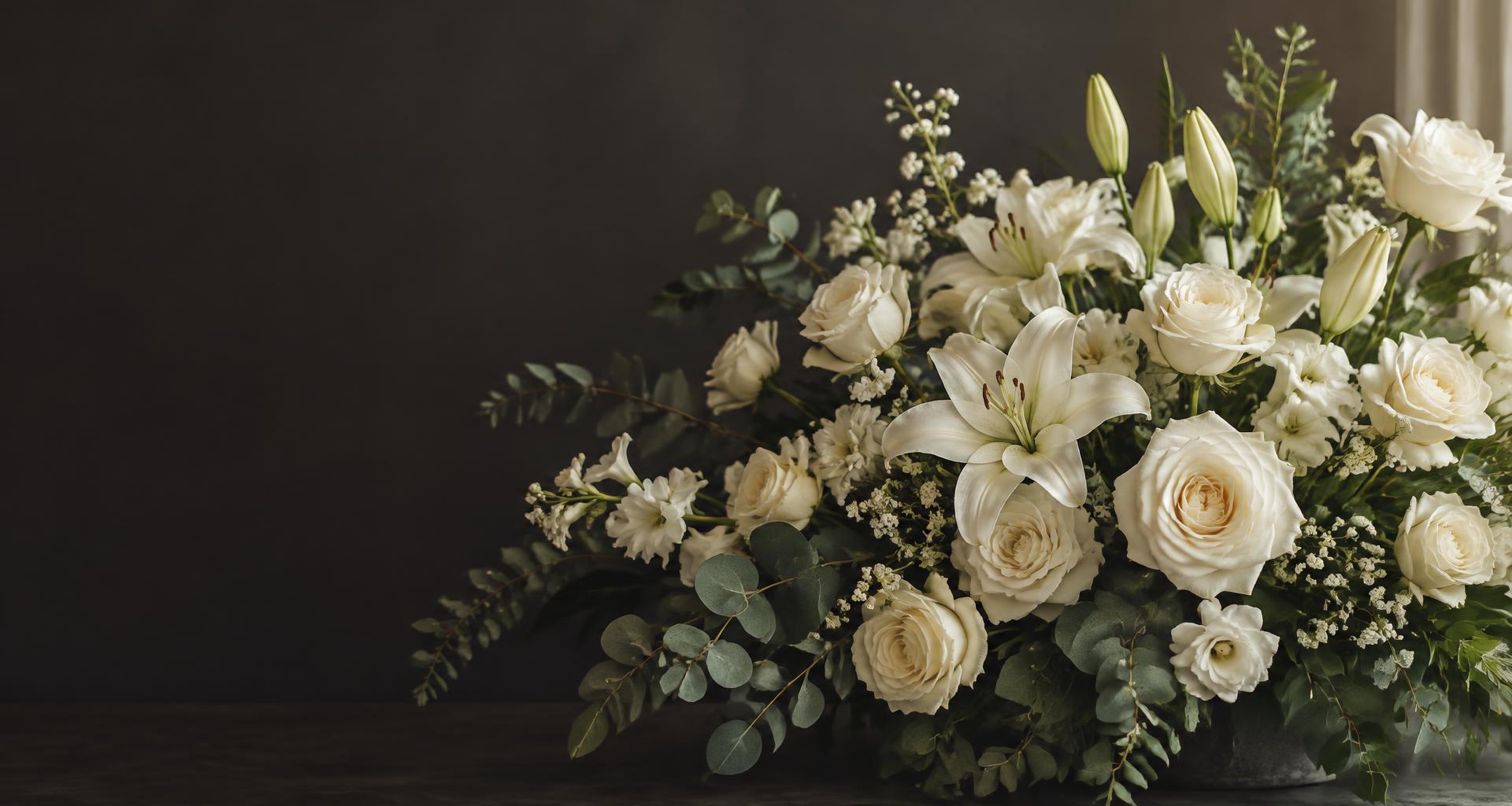 White roses and lilies arranged as a dignified memorial tribute